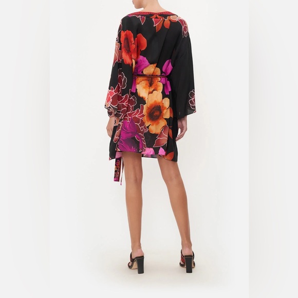 CAMILLA “Midnight Poppy” black floral silk short boho kimono caftan OS no belt - Picture 4 of 11